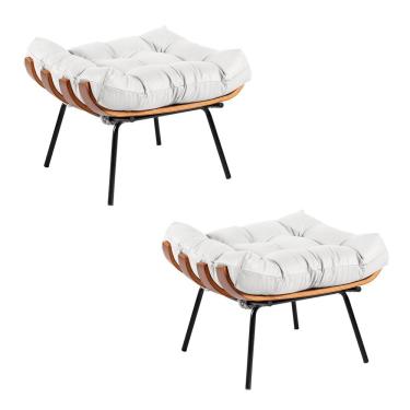 Imagem de Kit 2 Puffs Costela Couro Branco Base Metal Drossi