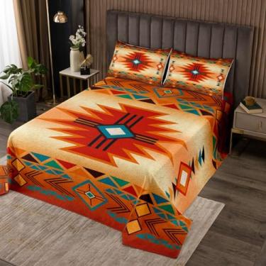 Imagem de Conjunto de cama king-size ocidental, colcha sudoeste, para crianças, adolescentes, mulheres, homens, conjunto de edredom boêmio tribal asteca, 3 peças, geométrico, vintage, listrado, laranja