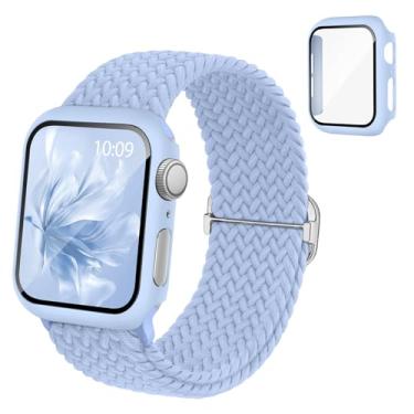 Imagem de Pulseira elástica trançada compatível com relógio Apple e capa de 40 mm, 41 mm, 42 mm, 44 mm, 45 mm, 46 mm, pulseira elástica de nylon e capa protetora com protetor de tela para Apple Watch séries 11
