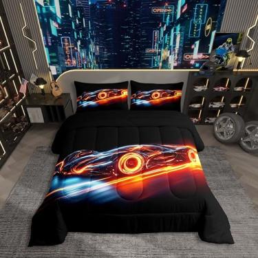 Imagem de Erosebridal Jogo de cama de carro de corrida infantil, solteiro, para meninos, meninas, corrida, esportes, corrida de velocidade, futurista, decoração de quarto de carro de corrida para meninos