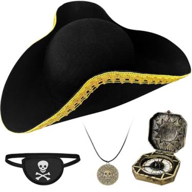 Imagem de Zddaoole Black Tricorn Hat,Pirate Hat with Gold Trimming,Colonial Costume Hat for Men Women Cosplay Party,Halloween Renaissance Costume Accessory