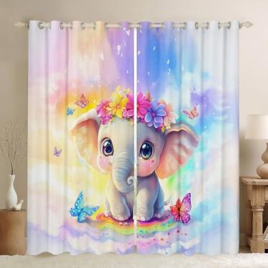 Imagem de jejeloiu Cortinas de janela de elefante (2 painéis, 96 x 114 cm) animais fofos zoológicos 30%-50% cortinas blackout tratamento de janela decoração de quarto menina borboleta flor azul roxo cortina