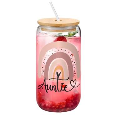Imagem de Yipaidel Copo de vidro Auntie Rainbow 473 ml, copo de café gelado com tampas de bambu e canudo, bebida em forma de lata de cerveja, presentes de aniversário inspiradores de Natal para mãe, melhor