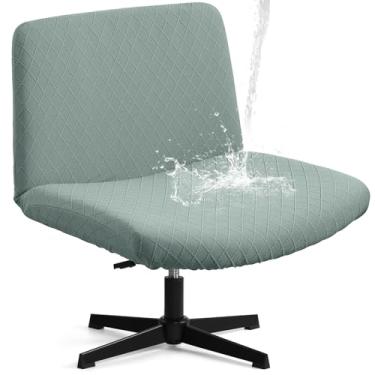 Imagem de YISUN Capa para cadeira à prova d'água, jacquard elástico, sem braços, lavável, removível, capa para cadeira de escritório, com detalhe de assento largo no meio das costas (verde)