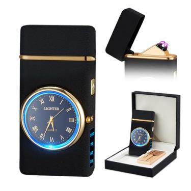 Imagem de SKRFIRE Isqueiro elétrico de plasma de arco duplo, isqueiro recarregável com indicador de exibição de bateria, isqueiro frio giratório com caixa de presente para amigos, família, velas (preto fosco)