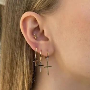 Imagem de Trio de Brincos com Cruz Semi Joia Banhado Ouro 18k - Stella Semi Joia