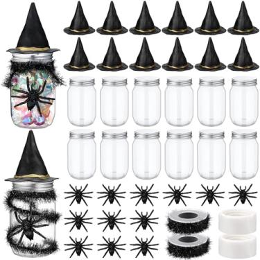 Imagem de Mimorou 12 conjuntos de kit de decoração de pote de doces de Halloween com chapéu de bruxa assustador guirlanda de tinsel de aranha e pontos adesivos para lembrancinhas de festa de Halloween, mesa de