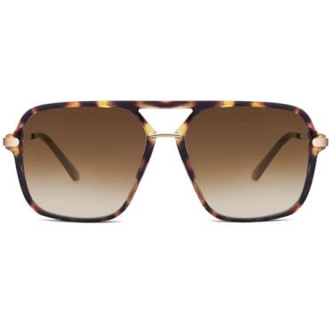 Imagem de Óculos de sol aviador retrô quadrados com lentes matizadas sem emaranhamento, sem peça de nariz para mulheres e homens modernos, Armação de concha de tartaruga/lente de chá gradiente, one size fits