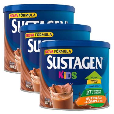 Imagem de Complemento Alimentar Sustagen Kids Chocolate Lata 380g | Kit com três unidades