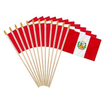 Imagem de Bandeira em bastão do Peru 10 x 15 cm, pacote com 12, pequena mini bandeira nacional peruana portátil da América Latina em espanhol para decoração do mês da herança hispânica com mastro de madeira e