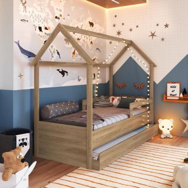 Imagem de Cama Infantil Montessoriana Bicama Casinha Solteiro Menino Menina Com Proteção Lateral E Cama Auxiliar Aveiro