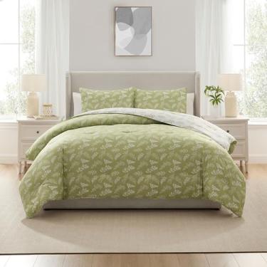 Imagem de Nestl Conjunto de edredom Queen – Cama Queen verde sálvia em uma bolsa, conjunto de cama reversível, 3 peças, floral macio, edredom botânico para todas as estações com fronhas