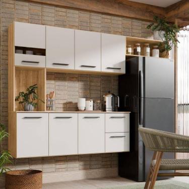 Imagem de Armário De Cozinha Completo Suspenso Com 7 Portas E 2 Gavetas Cor Freijó Off