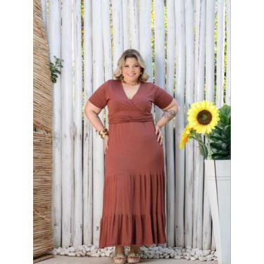Imagem de Vestido Longo Plus Size Decote em V Acinturado - luh may, Marrom, G2