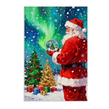 Imagem de Arte de parede de Natal Impressões de arte festiva de férias segurando uma bola de cristal com aurora azul tela natal decoração de parede para casa para sala de estar quarto escritório decoração de