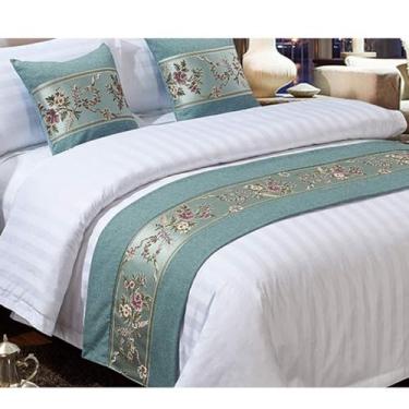 Imagem de Cachecol de cama de hotel algodão e linho jacquard proteção moderna de alta qualidade decoração de cama cachecol simples para cama de solteiro queen size - verde | 50 x 240 cm para cama de 1,8 m