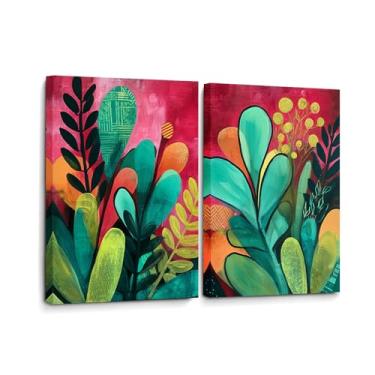 Imagem de CANLUNTE Conjunto de 2 arte de parede botânica, impressões modernas de plantas boho em tela | Pintura de folhas tropicais rosa e verde vibrante para decoração de parede | Díptico maximalista (arte