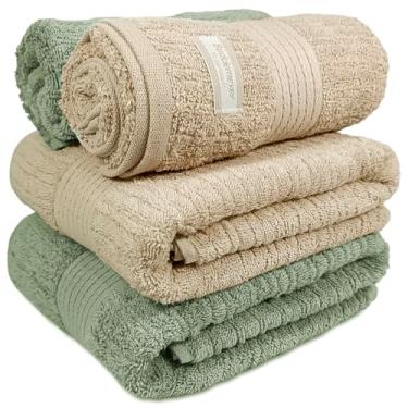 Imagem de Jogo De Banho Gigante Buddemeyer - Toalha Banhão Fio Penteado Canelado - 100% Algodão - Kit 4 Peças (Bege/Verde 3032/3265)
