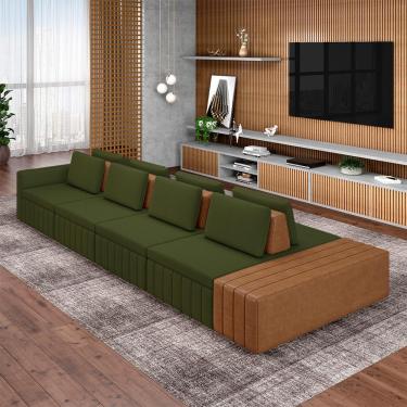 Imagem de Sofá Ilha com Encosto e Almofadas Móveis Olimpo 505cm Modulado Linho/PU Verde/Caramelo G45 - Gran Belo