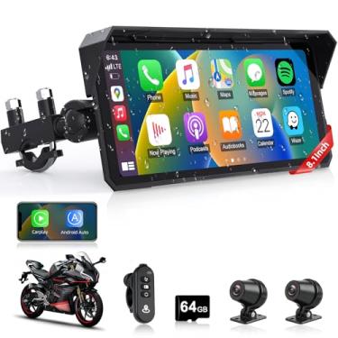Imagem de Tela veicular para motocicleta 4K de 20 cm com câmera veicular 4K sem fio para Android com navegação GPS, controle de voz, transmissão de vídeo WiFi, Bluetooth duplo, IPX7, à prova d'água TF-64G
