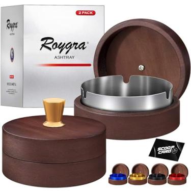 Imagem de roygra Cinzeiro externo para pátio externo (pacote com 2), cinzeiro de madeira e metal à prova de vento sem fumaça com tampa, decoração de mesa doméstica, decorações de pátio portáteis ao ar livre