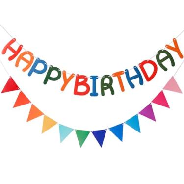 Imagem de BIEUFBJI Faixa de feliz aniversário arco-íris guirlanda triangular tema colorido meninos meninas festa de aniversário aniversário decorações de festa de carnaval