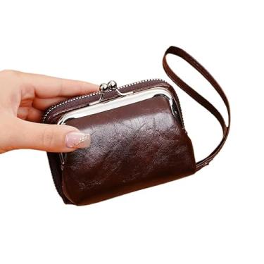 Imagem de Mini carteira feminina clássica com cadeado Kiss e fecho de zíper, ferragens douradas, porta-moedas com vários compartimentos e porta-cartões, Marrom, Clássicos