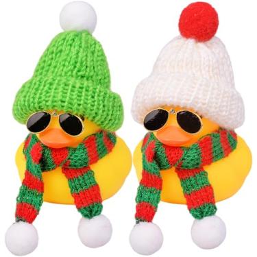 Imagem de MuMyer Ornamentos de carro de pato de borracha, 2 peças, decoração de painel de carro de pato de inverno com gorro e cachecol e óculos de sol (9 cm)