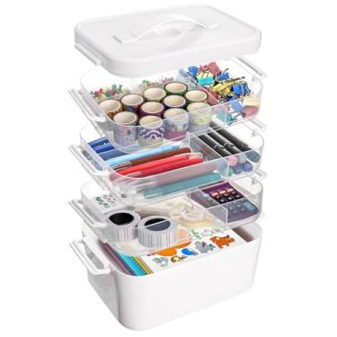 Imagem de Tebery Organizador de armazenamento de artesanato de plástico de 4 níveis, caixa de suprimentos de artes empilhável transparente com bandeja removível, estojo portátil para ferramentas de costura de