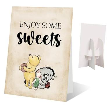 Imagem de Decorações de chá de bebê Urso Ursinho - Desfrute de alguns doces - 1 placa autônoma com suporte, decorações clássicas de aniversário Pooh de boas-vindas para festas de bebê lembrancinhas e