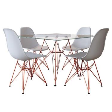 Imagem de Conjunto Jantar Eames De Ferro Cobre E Tampo Quadrado Vidro - 90Cm 4 Cadeiras Branca