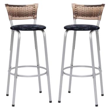 Imagem de Banqueta Altas Junco Cappuccino Estrutura Prata 70cm Para Balcão Cozinha, Bar, Bistrô, Americano Kit 02 Unidades - Itagold (Floral Preto)