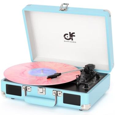 Imagem de Toca-discos de vinil com 2 alto-falantes embutidos, vintage, 3 velocidades, portátil, Bluetooth, toca-discos com gravação USB, conversor de MP3 RCA/AUX/fone de ouvido, retrô, azul