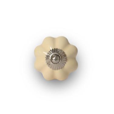 Imagem de Puxador Decorativo em Cerâmica Bege Vintage com Design Floral e Base Metálica para Gavetas e Armários Acabamento Esmaltado