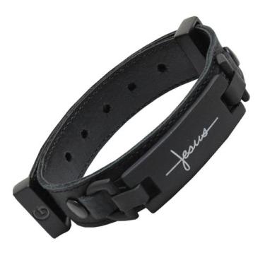 Imagem de Pulseira Masculina De Couro Jesus Preta Envio Imediato - GRANADO ACESS