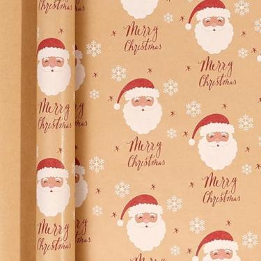 Imagem de Rolo de papel de embrulho de rosto de Papai Noel com texto de Feliz Natal e flocos de neve - 1 mini rolo 43 x 3 m por rolo 14 m² - Papel de embrulho Kraft reciclado marrom para homens e mulheres todas
