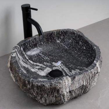 Imagem de MIDUSO Pia de embarcação de pedra irregular 100% feita à mão; pia de pedra real; pia de embarcação exclusiva; acima do balcão; pia de rocha de rio; banheiros rústicos de pias; Irre RiverStone 322