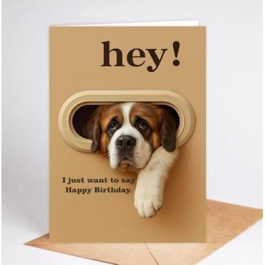Imagem de Cartão de aniversário engraçado de São Bernardo - Hey! I Just Want To Say Happy Birthday - Cartão de felicitações de cachorro fofo para amantes de cães - Homens, Mulheres e Crianças - Cartão de