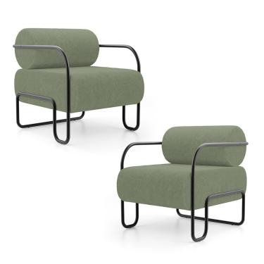 Imagem de Kit 02 Poltronas Decorativas Orgânica Living Miska Bouclê Verde Oliva - Desk Design