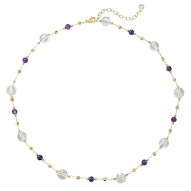 Imagem de Dremmy Studios Colar feminino de cristal banhado a ouro 14 K, gargantilha com contas Boho 39 + 5 cm, ametista ajustável e joia de cristal branco para mulheres, aniversário, aniversário, dia dos