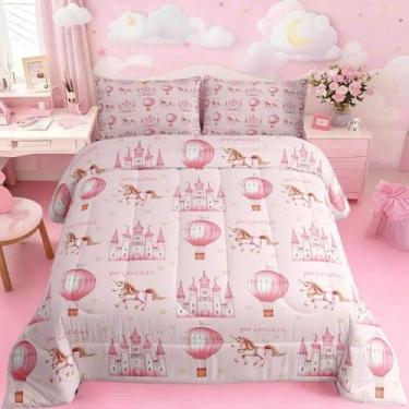 Imagem de Feelyou Conjunto de edredom castelo para todas as estações, estilo princesa, com 1 fronha, fofo, para crianças, solteiro, decoração de quarto, de conto de fadas, respirável, macio, leve