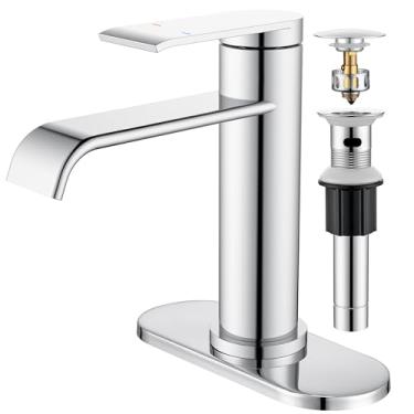 Imagem de GAGALIFE Torneira de banheiro cromada 1 furo - torneira de pia de banheiro com linhas de fornecimento de dreno pop-up de metal e deck, torneiras de banheiro cachoeira para pia, torneiras de vaidade de