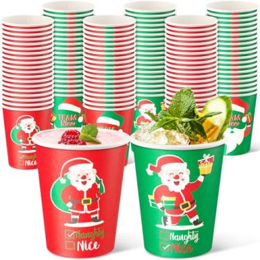 Imagem de Zhehao 100 peças de copos de papel de Natal de 255 g descartáveis Papai Noel Team Naughty or Nice Copo de café de papel para cacau quente, bebidas frias, decoração de festa de Natal infantil