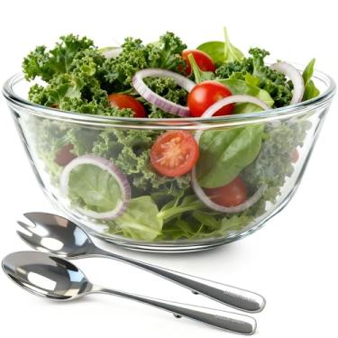 Imagem de Greentainer Tigela grande de salada de vidro com garfo e colher de aço inoxidável, tigela de servir salada de 4082 g para cozinha, tigela de vidro de 4,5 litros para cozinhar, assar, preparar, pode ir