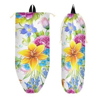 Imagem de xigua Suporte de parede para saco plástico de flores coloridas com cordão 1 pacote, organizador de sacolas de supermercado reutilizável para bolsas, meias, roupas íntimas e gravatas