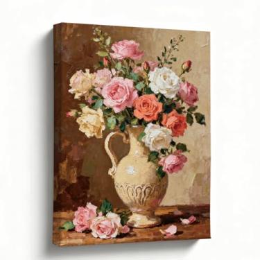Imagem de Arte de parede em tela floral, rosas em jarro antigo natureza morta, estilo de pintura a óleo com textura de faca de paleta, decoração vintage de casa de fazenda, tela esticada para cornija de entrada