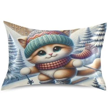 Imagem de Capa de almofada de cetim com gatinho fofo gato esqui padrão king queen capas de travesseiro fofas refrescantes cama extra macia, tamanho Queen, 76 cm x 50 cm