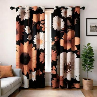 Imagem de XWZO Cortinas blecaute floral boho para quarto, cortinas vintage com estampa botânica de meados do século, cortina preta, 2 painéis de comprimento 2 painéis para sala de estar, ilhós, decoração boêmia