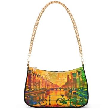 Imagem de Flamingos Beach Aquarela Bolsa feminina Hobo Party Purses Womens Evening Handbag Chain Ladies Shoulder Bag, Arte artística Amsterdam Sunrise