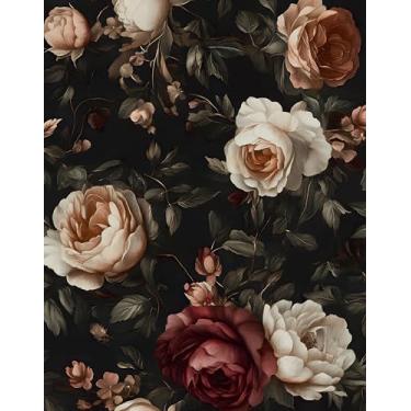 Imagem de Papel de parede floral descascar e colar, papel de contato vintage preto/branco/rosa vermelha 44,5 cm x 500,4 cm, papel de parede retrô autoadesivo à prova d'água removível para prateleiras de quarto
